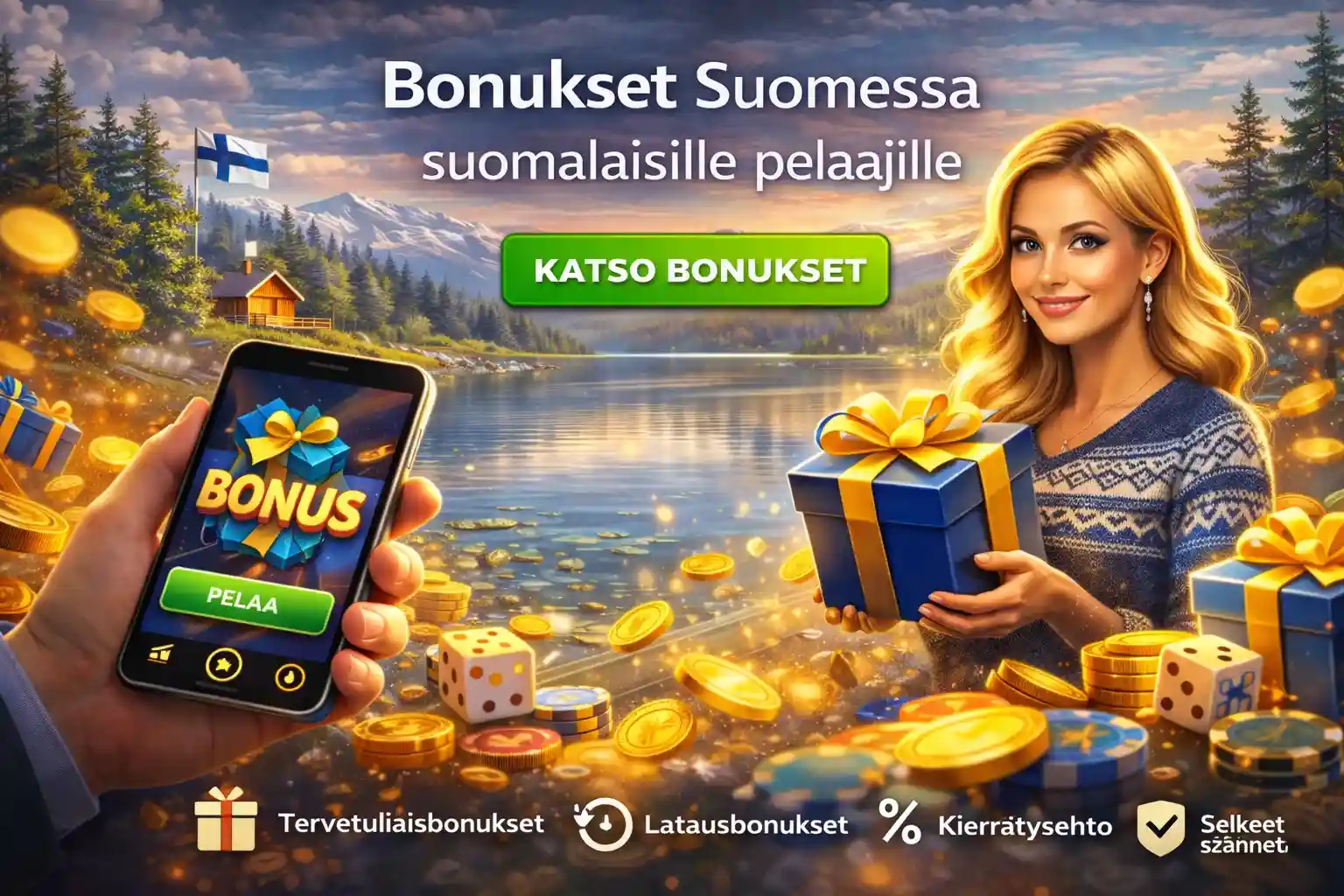 Bonuslahjat ja kolikot järvimaisemassa, suomalaisille suunnatut kasinobonukset