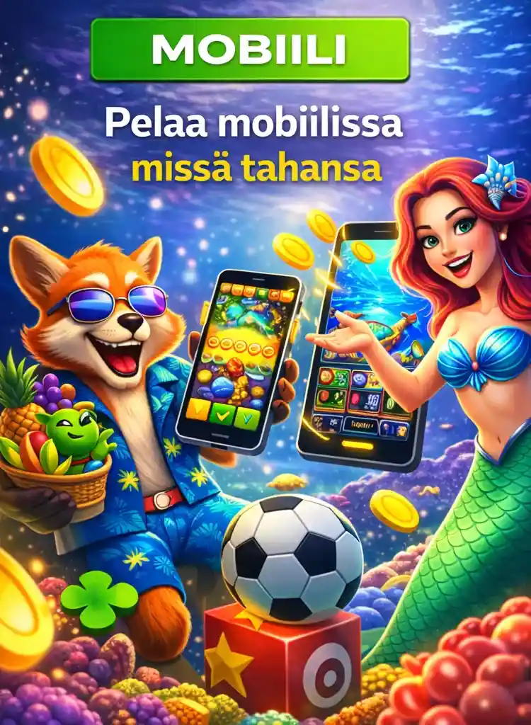 Mobiilipelit etusivu Kettu ja merenneito esittelevät mobiilipelejä värikkäässä fantasiamaisemassa