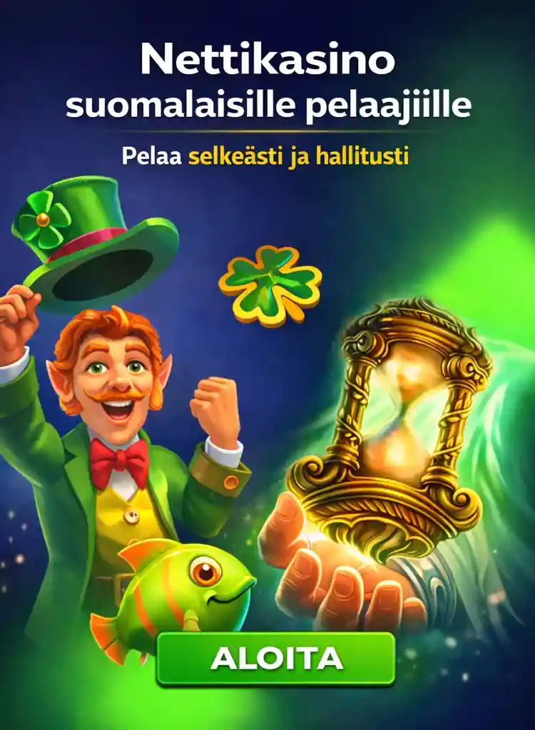 Nettikasino etusivu Iloinen hahmo ja tiimalasi vihreässä nettikasino-teemassa suomalaisille pelaajille