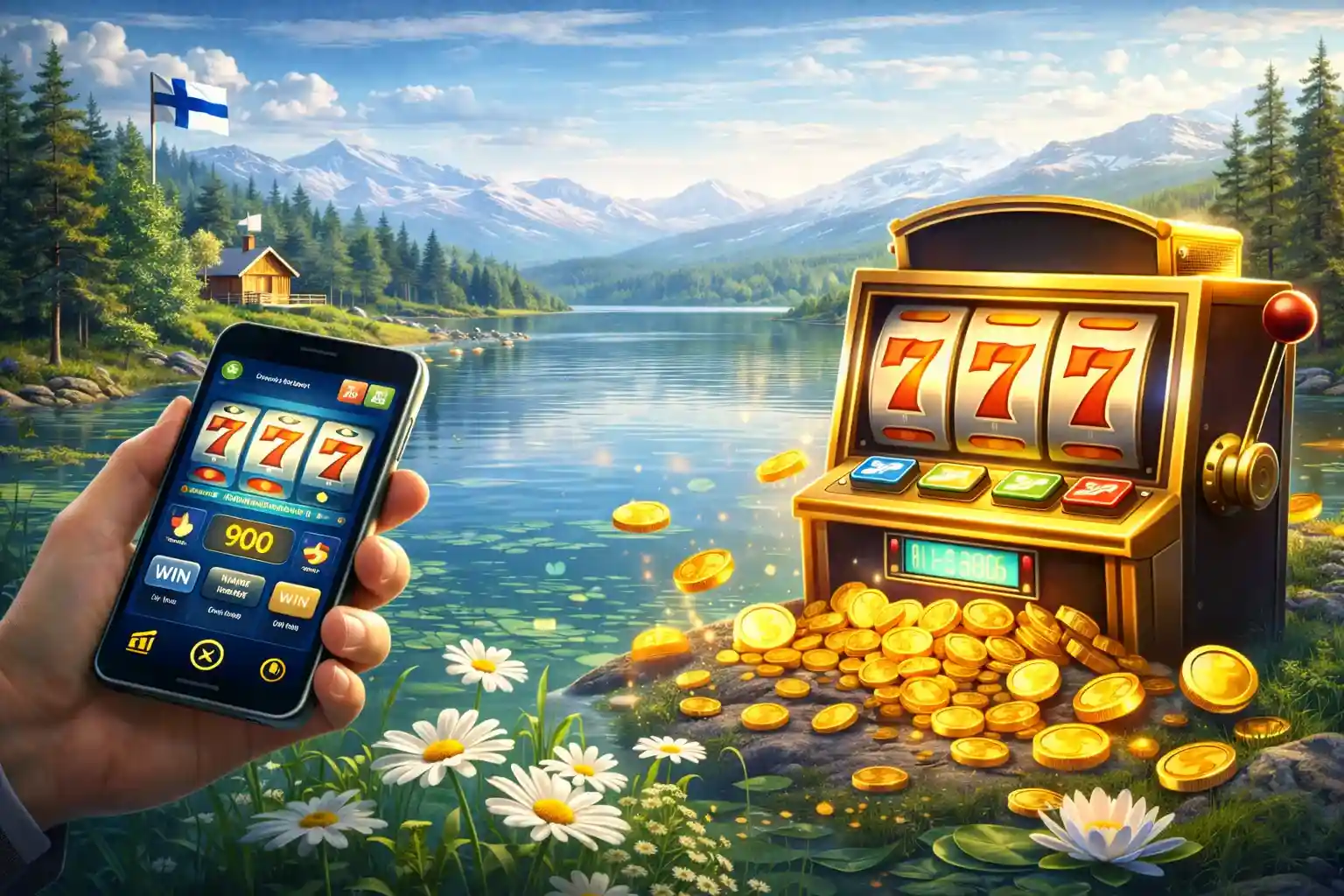 Kolikkopeliautomaatti järvimaisemassa, mobiilipelaaminen ja kultakolikot Suomessa