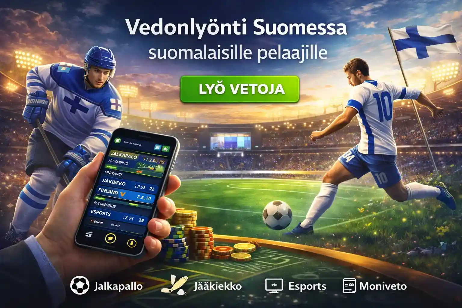 Jalkapallo ja jääkiekko stadionilla, mobiilivedonlyönti suomalaisille urheilufaneille